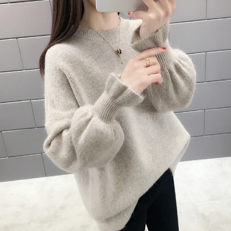 

QRWR 2020 Autumn Winter Korean Women Sweater Casual O Neck Solid Knitted Pullover Loose Flare Sleeve Elegant Sweaters Women