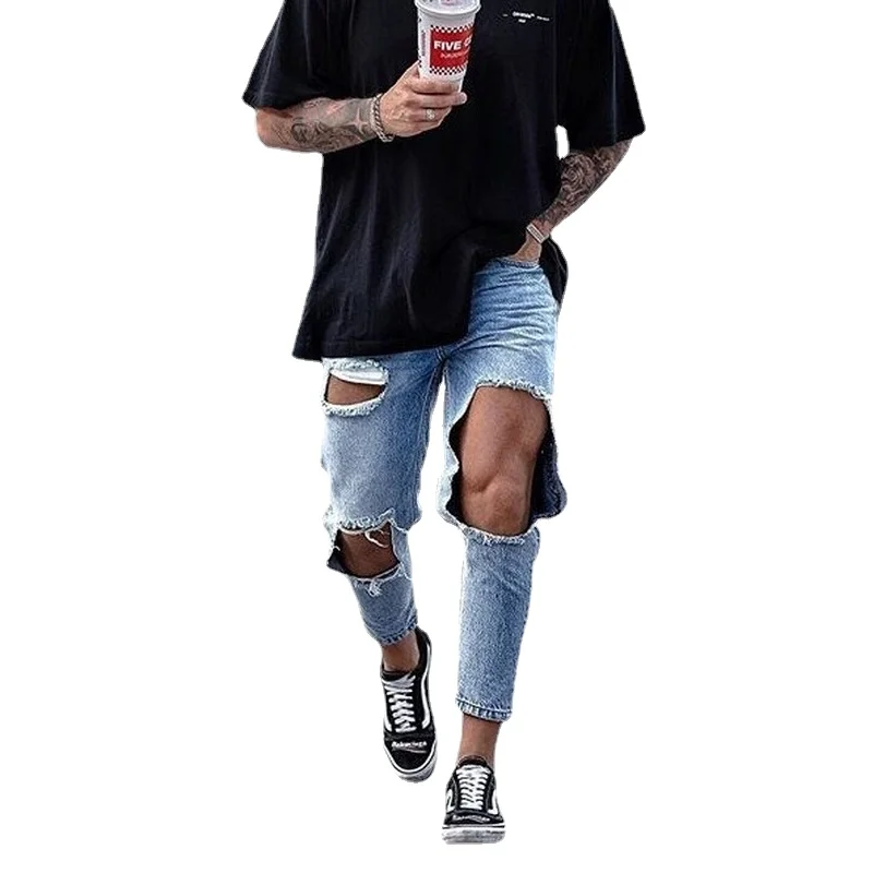 

Men's Knee Hole Jeans Fashion Loose Pants Designer Jeans Men's Tights Men's Daily Wear штаны мужские Jeans troués pour hommes