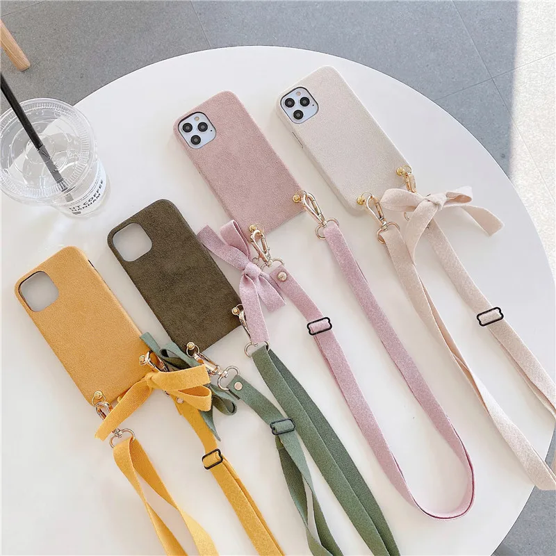 

Crossbody Necklace Chain Plush Cell Phone Case For iPhone 12 11 Pro XS MAX XR X 7 8 Plus SE 2020 Winter Warm Cover With Lanyard