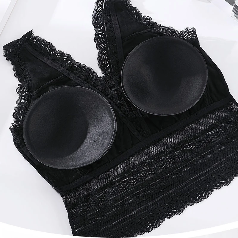 

SALSPOR Sexy Lace Crop Top Bra Hollow Breathable Wireless Lingerie V-Neck Padded Seamless Beautiful Back Underwear