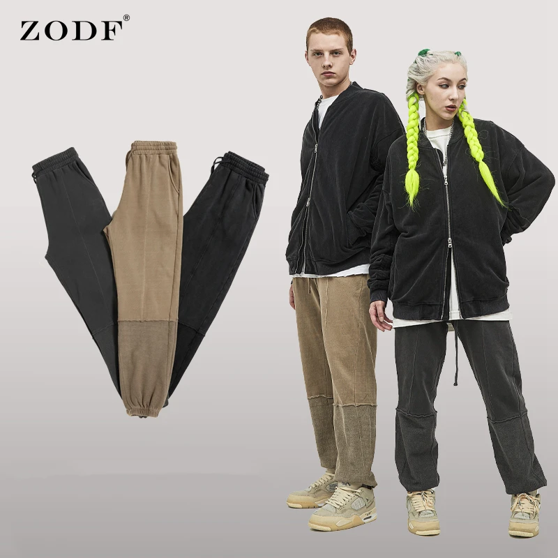 

ZODF Fashion 2021 Men's Autumn Washed Sweatpants Patchwork Loose Unisex Solid Basic Brand Cotton Pants Streetwear HY0236