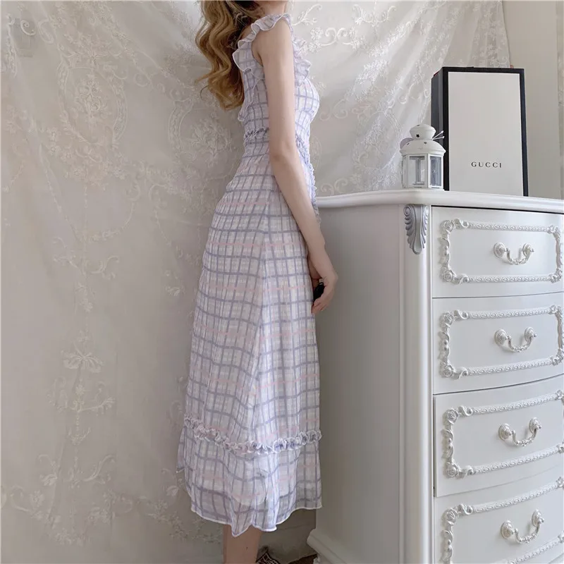 

Dress Sleeveless V-neck A-line Sexy Skinny Plaid Long Vestidos Elegant French Chic Dresses