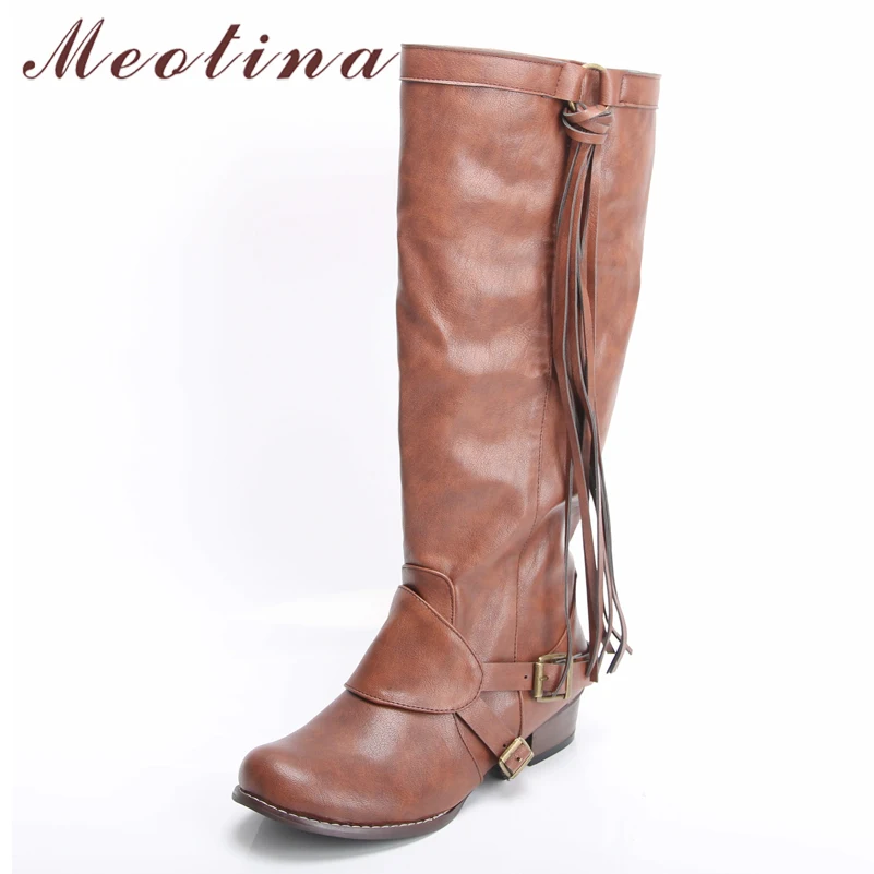 

Meotina Winter Knee High Boots Women Tassel Buckle Square Heel Tall Boots Slip on Round Toe Shoes Ladies Autumn Large Size 34-43