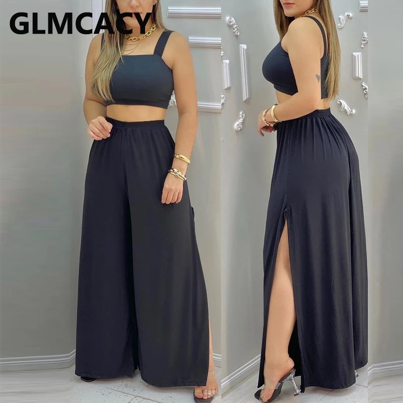 

2 Pieces Sets Women Spaghetti Strap Top & Wide Leg Pants