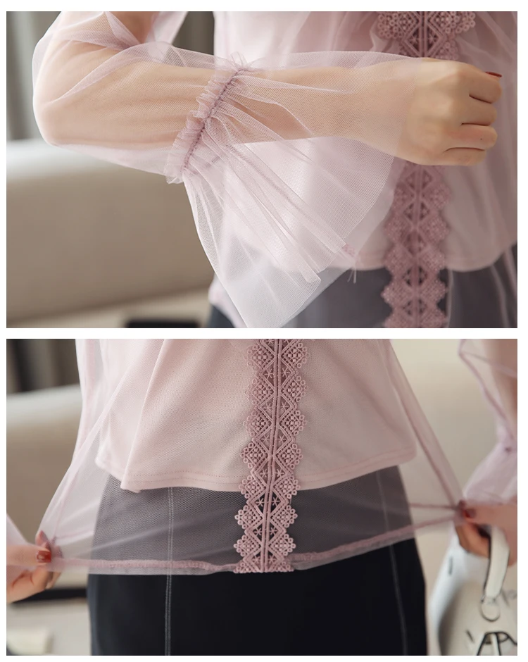 Женская прозрачная блузка Розовая рубашка с длинными рукавами Повседневная