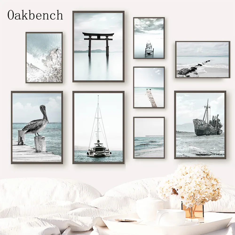 Скандинавский постер океанический пейзаж настенная Картина на холсте лодка мост