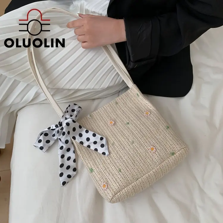 

Straw Bucket Bags Women 2020 Embroidery Bow Printed Bag Summer Rattan Beach Vacation Shoulder Bags Casual Famale Floral Handbag