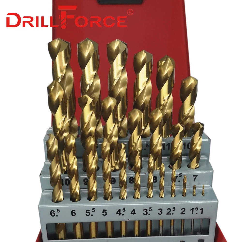 Сверло DRILLFORCE 13/19/25 шт. HSS M2 с титановым покрытием для сверления металла и