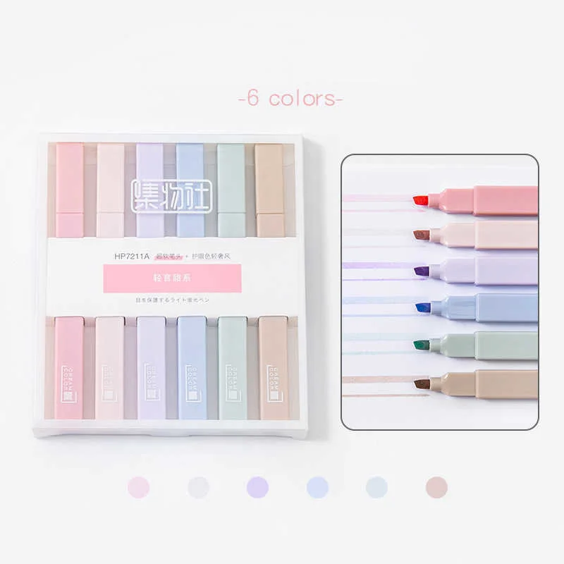 

6PCS/Set Soft Tip Highlighter Light Color Kawaii Marker Pen DIY Photo Album Journal Fluorescent Pen Student Stationery For Gifts
