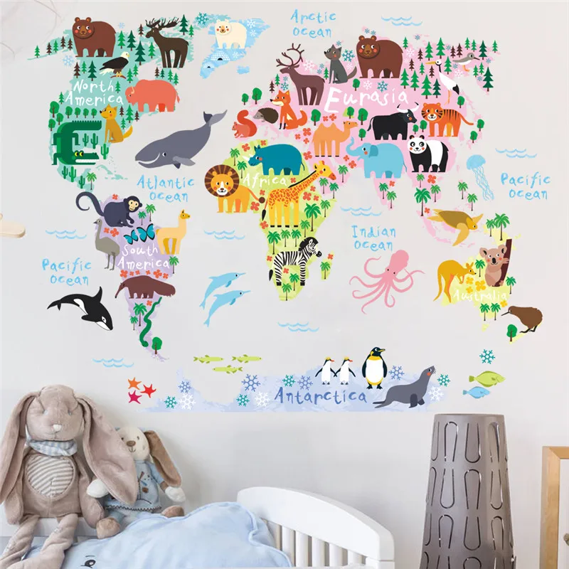 

Cartoon Animals Map Of World Wall Stickers For Kindergarten Classroom Kids Room Home Decoration Diy Safari Mural Art Pvc Decals