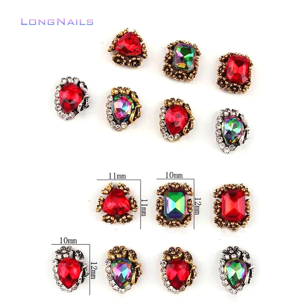 

10pc/lot Nail Strass Rhinestone Red/Iridescent 7-Style (JE304-310) Strass With Silver/Gold Stud Nail Tip Art Accessory 3D Strass