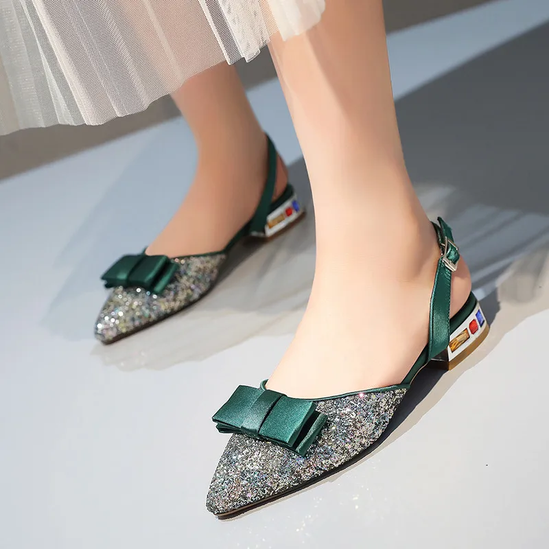 

Drestrive Women's Sandals Sequined Cloth Pointed Toe Butterfly Knot Buckle 2020 Summer Fashion Low Heel Shoes Crystal Plus Size