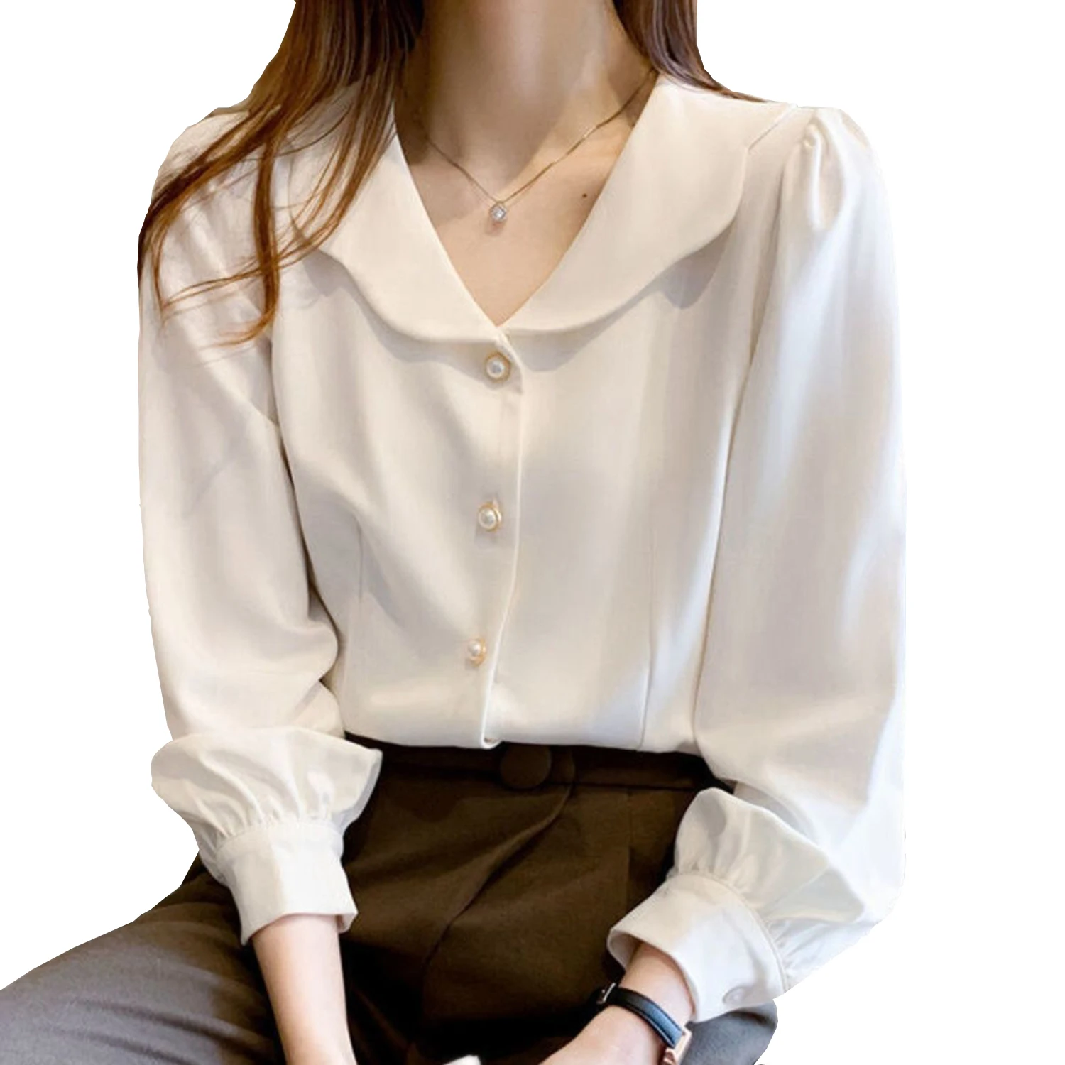 

Женская шифоновая блузка, белая рубашка в стиле Питера Пэна, с воротником и длинным рукавом, повседневный Топ во французском стиле, весна 2021