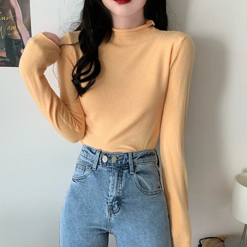 

Real shot 2020 new fashion core-spun yarn personality curled knitted sweater half high neck pullover bottoming Tops sweater