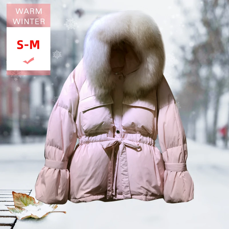 Зимняя женская куртка с воротником из натурального меха енота Короткая Толстая