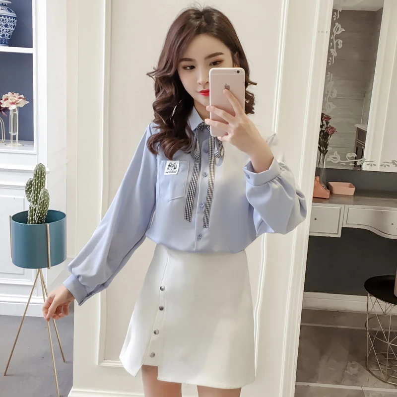 2019 Осенние новые модные женские блузки рубашки шифоновый абажур с длинным