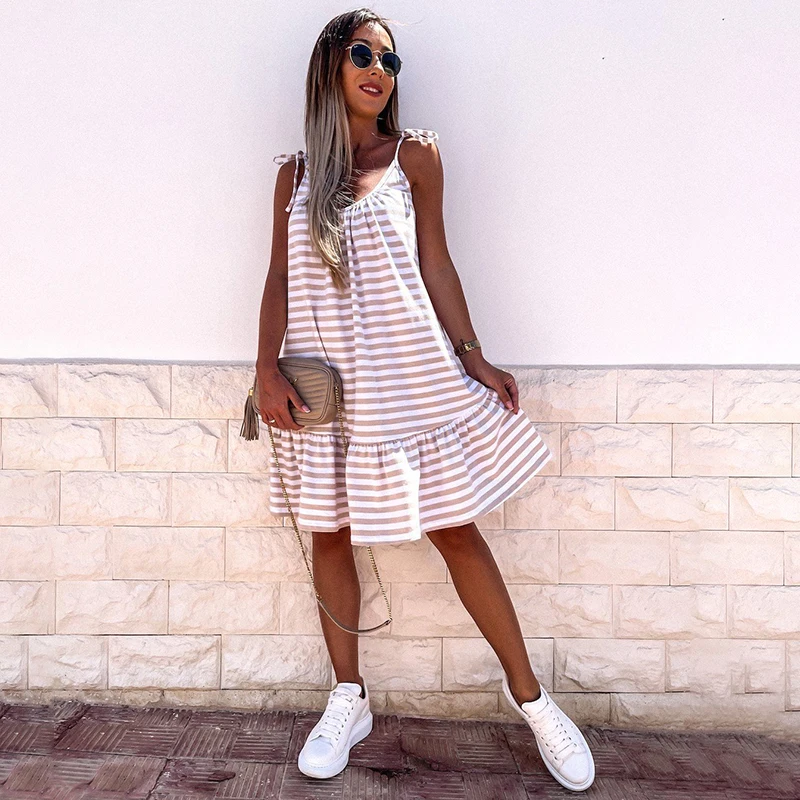 

Striped Print Spaghetti Strap Lace-up Dress For Women 2021 Summer Casual Backless Big Swing Sundress Loose Ruffles Midi Dresses