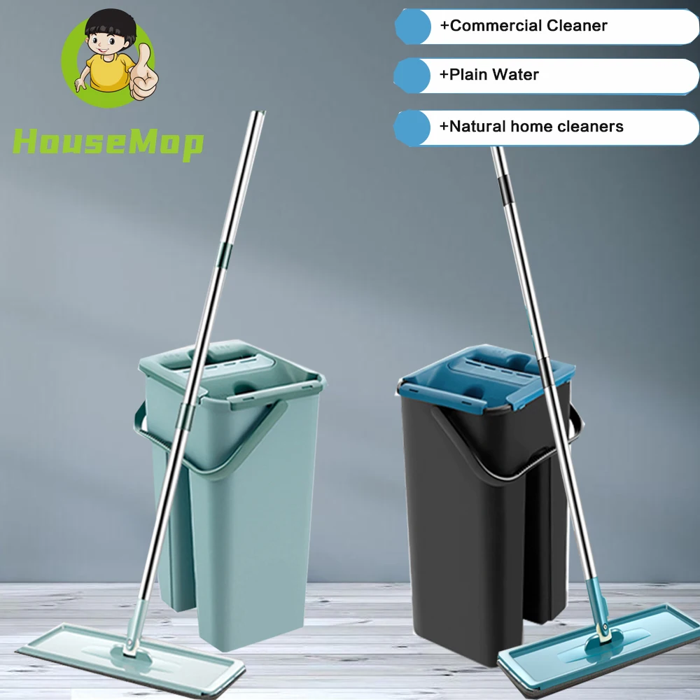

Home Squeeze Mop With Bucket Wringing Hand Free Washing Mop Flat Wet Dry Cleaning Mop 4 Microfiber Pads Usage Cleaning Tools