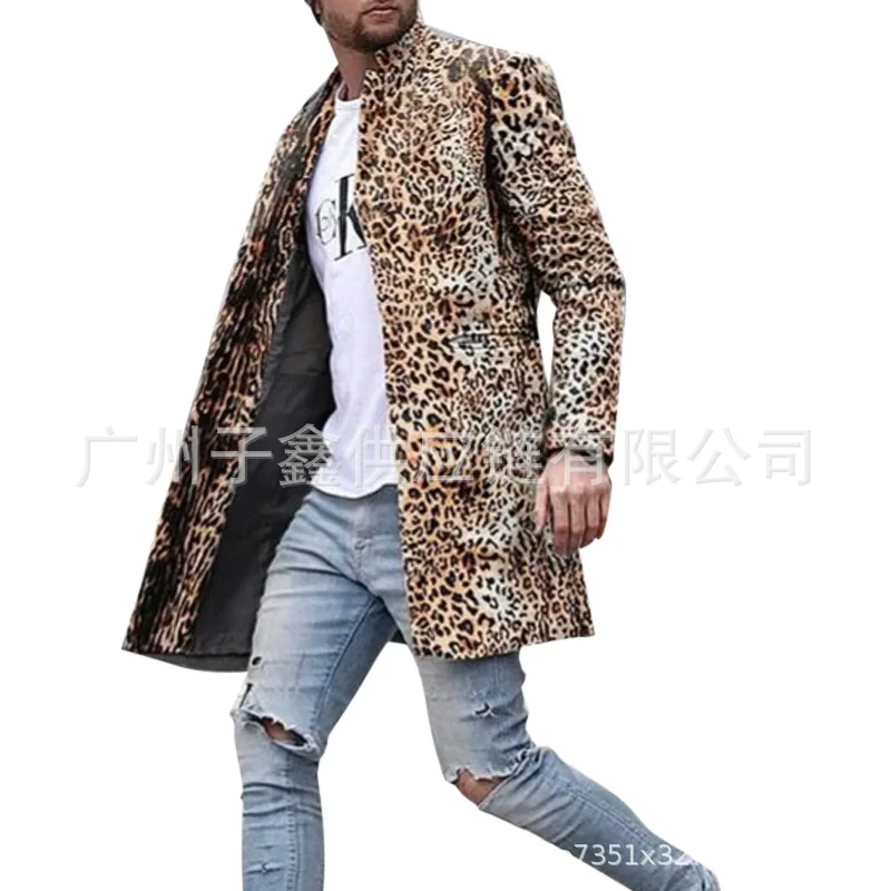 Leopard Woolen Coat Windbreaker Men's Stand Collar Leopard Casual Coat Fashion Custom Made Men's Slim Fit Long Coat Male Outwear