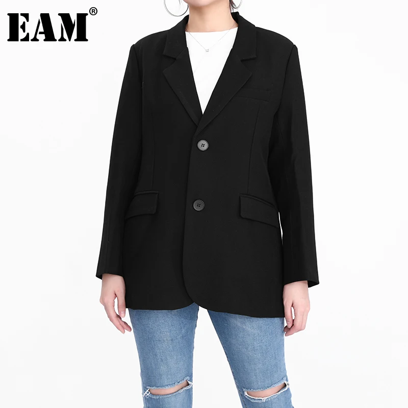 

[EAM] Women Black Brief Leisure Big Size Blazer New Lapel Long Sleeve Loose Fit Jacket Fashion Spring Autumn 2022 1DC54401