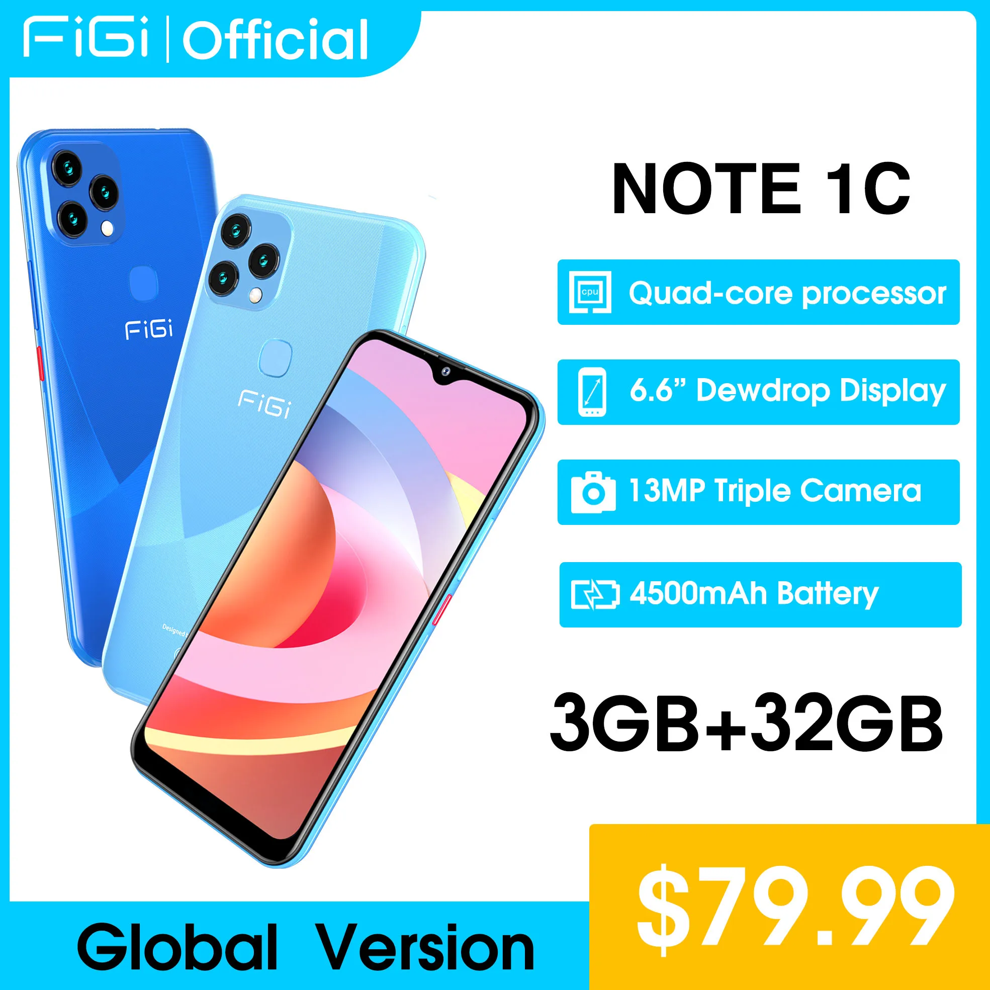 Смартфон FIGI NOTE1C, Android 11, экран 6,6 дюйма HD +, 32 ГБ, четыре ядра, тройная камера 13 МП, 4500 мАч