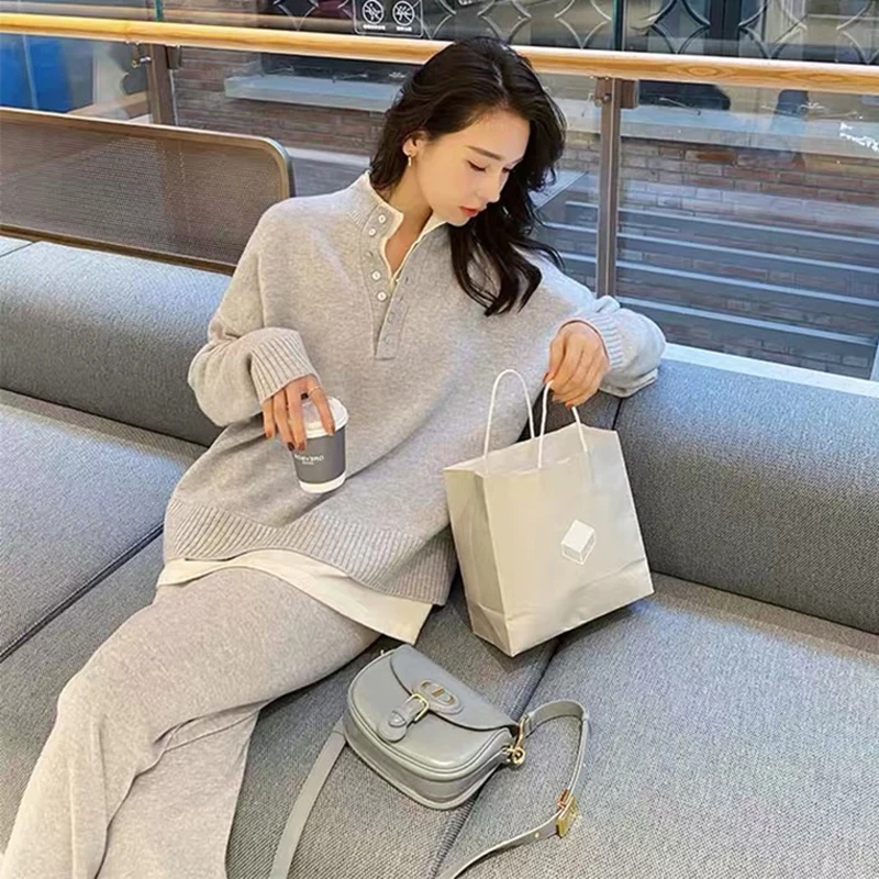 

Vintage Casual Knitted Sportswear Two-Piece Suit Women 2021Autumn Winter Loose Chic Buttons Sweater Pullover+Wide-Leg Pants Sets