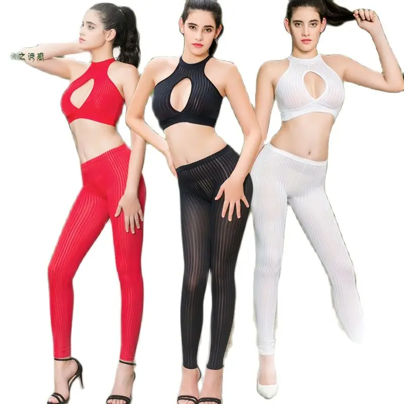 

Women Two-Piece Suit Pantsuit Open Crotch Pants Hollow Out Short Vest Halter Top See-Through Crotchless Vertical Stripes Legging