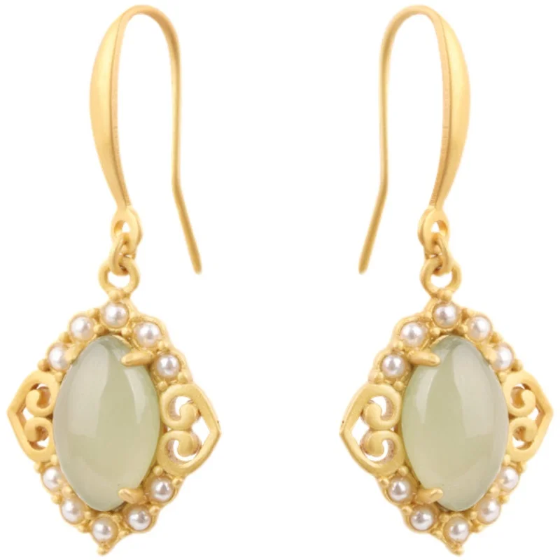 

ruyi grains pearl lace gold-plated earrings set with S925 pure silver artistic temperament of restoring ancient ways