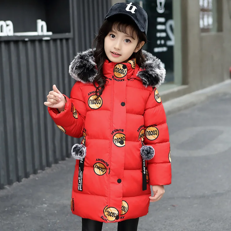Красный Baby winter new girl down jacket children letter printing thick warm cotton coat girl baby big fur collarcotton hoodedlong coat - Цвет: Красный
