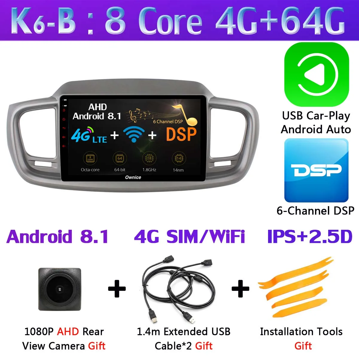 K6-B-CarPlay 360 ° панорамная камера 4G WiFi Android 9,0 8Core 4+ 64G Автомобильный мультимедийный плеер gps Радио SPDIF DSP CarPlay для Kia Sorento - Цвет: K6-B-CarPlay