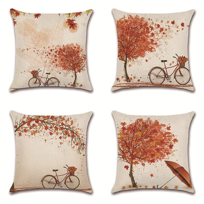 

Living Room Throw Pillow Cover Removable Linen Printed Leaves Bicycle Sofa Pillow Cover Home Decoration Pillow Cover 45-45cm
