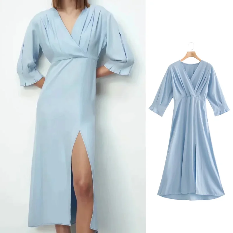 

PPYQYKX Za 2021 женское модное синее платье средней длины дамское шикарное Ретро сексуальное платье с V-образным вырезом элегантное вечернее темп...