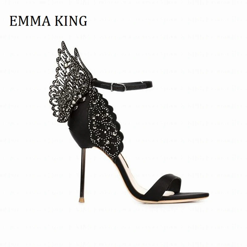 

Summer Women Ankle Sandals Metallic Leather Butterfly Wings Heels Stilettos Sexy Open Toe Buckle Strap Banquet Paty Dress Shoes