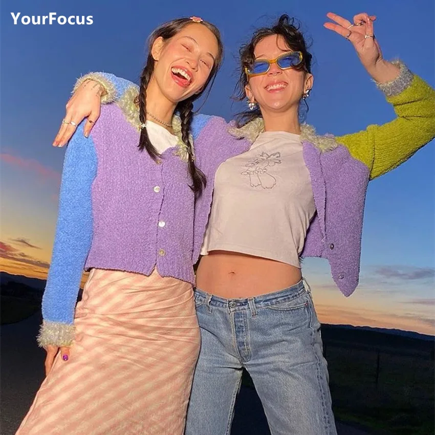 Женский пушистый укороченный свитер Y2k пурпурный Пушистый с отложным воротником