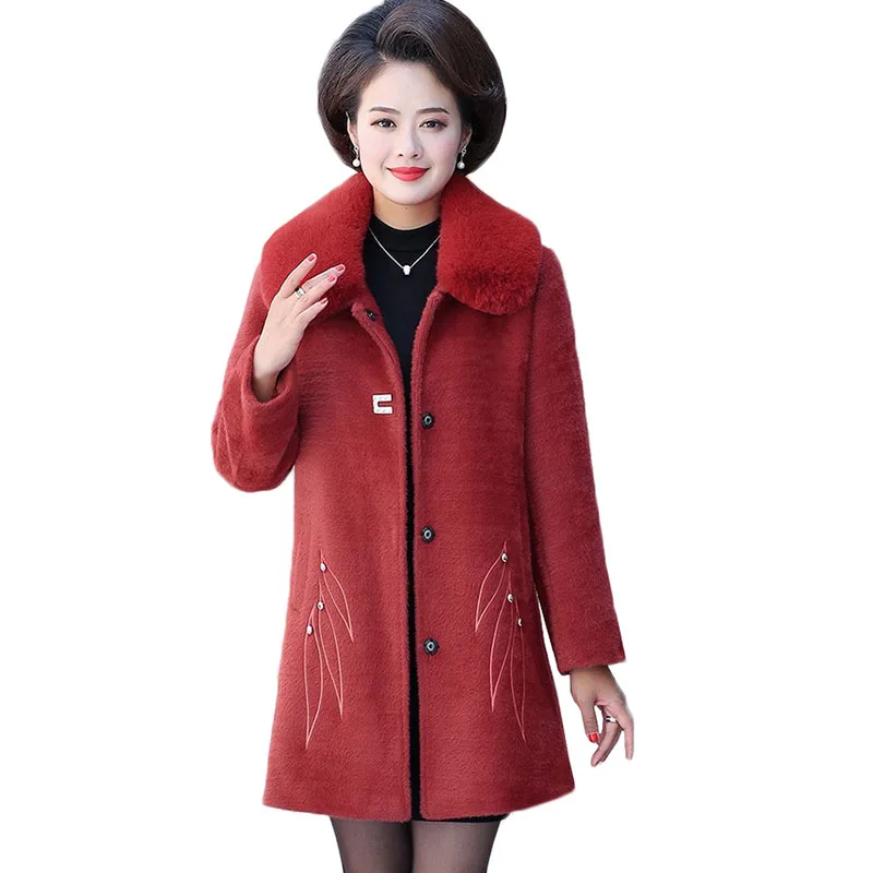 

Women Woolen Coat New Winter Jacket Warm Imitation Mink Cashmere Coat Middle-aged Mom Clothes Plus Size 5XL Mid-Long Wool Coat