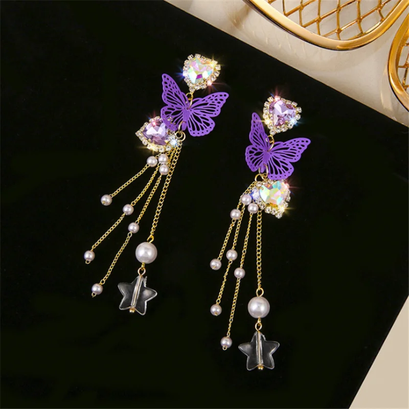 

Fashion Korean Style Purple Bow Earrings Tassel Long Earrings Temperament Jewelry Wholesale
