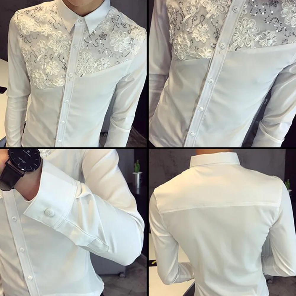 

British Shirts Men Fashion 2021 Spring New Clothes Sexy Lace Patchwork Streetwear Male Shirts Long Sleeve Slim Fit Prom Tuxedo