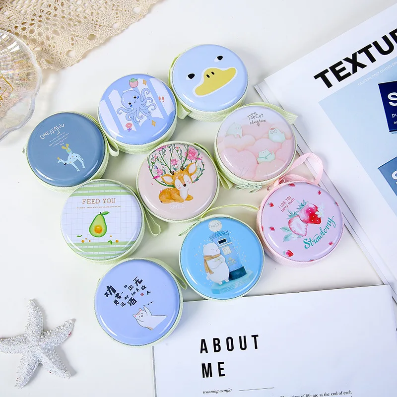 

12Pc/Lot New New Model Cute Cartoon Round Tin Iron Box/ Mini Pouch / Metal Case/Animal Coin Storage Headset Bag