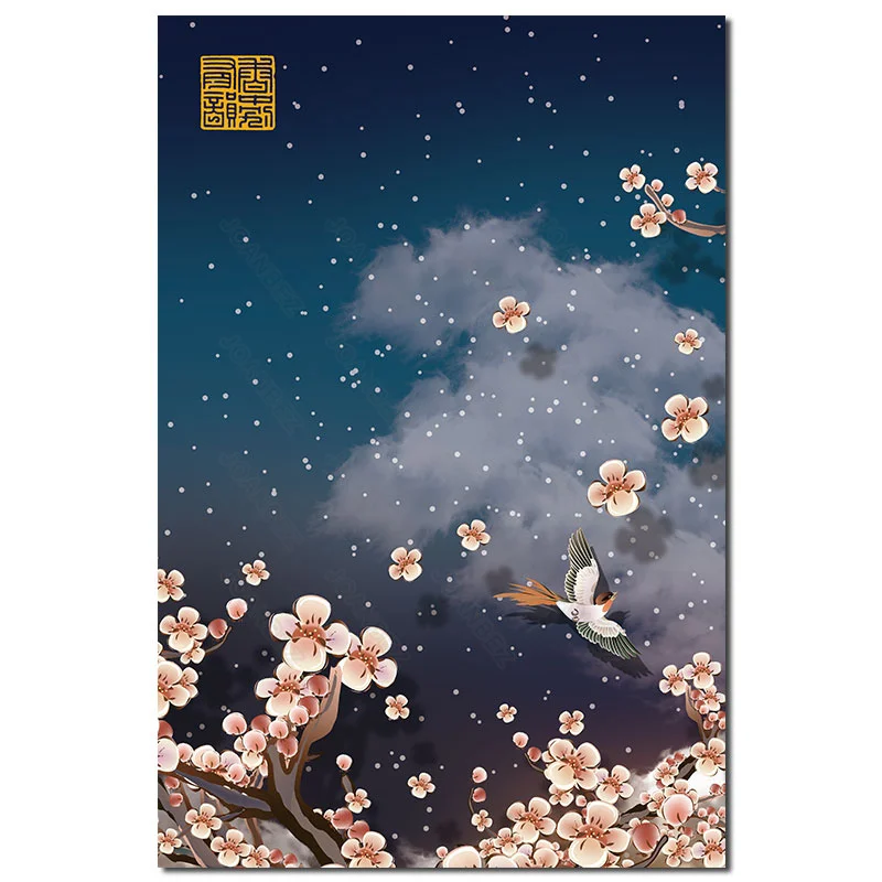 

Classic Style Night Moon Gem Plum Blooming Beautiful View Background Poster Wall Wallpaper Living Room Furniture Art Painting