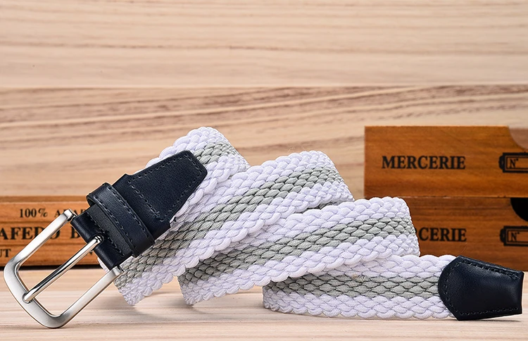 Fashion Casual Stretch Woven Belt With Leather Tip Top Elastic Belts For Men Jeans Mixed Color Braided Strap Zinc Alloy Buckle
