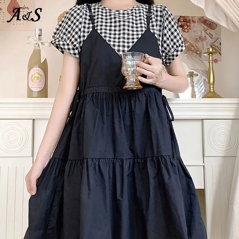 

Anbenser Women Short Sleeve Dress All-match Fake Two Pieces Harajuku Ulzzang Leisure A-Line Simple O-Neck Newly Casual Chic
