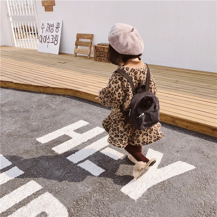 Winter Korean style fashion girls Leopard grain woolen mermaid dresses 1-6 years kids baby thicken long sleeve warm dress | Детская