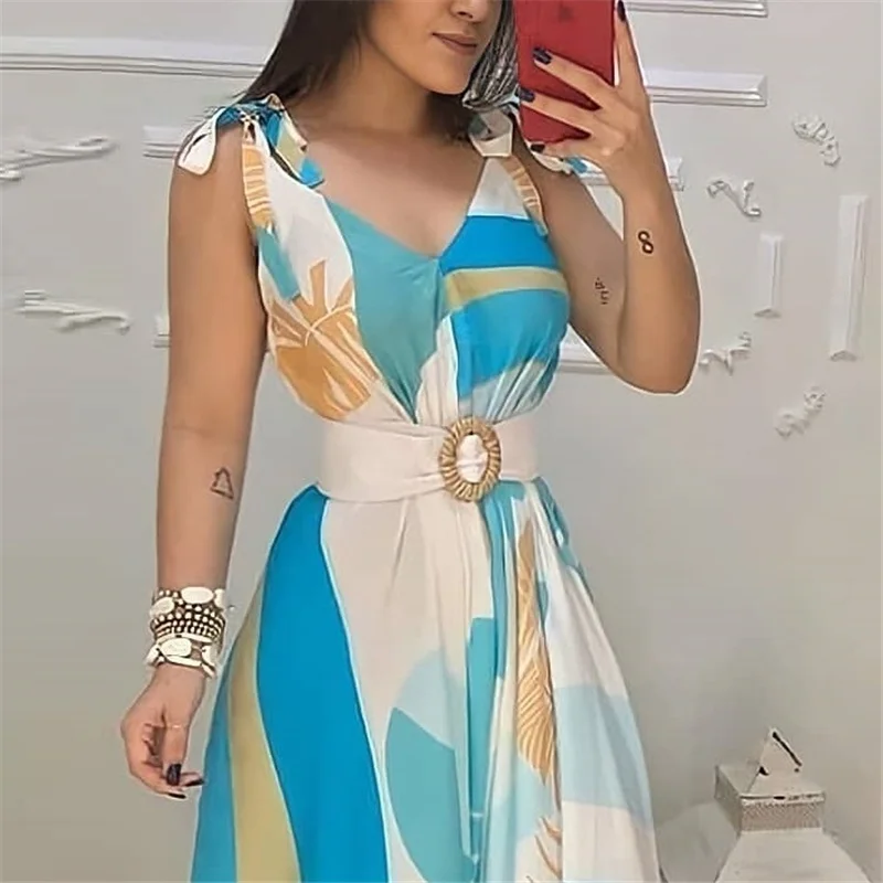 

Elegant Ladies V Neck Tropical Print Sleeveless Casual Asymmetric Holiday Wear Tie Sexy Summer Women Party Maxi Dress With Belt