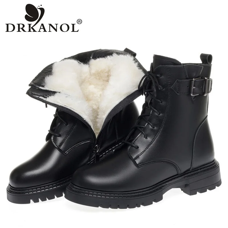 

DRKANOL Black Winter Wool Warm Shoes Women Snow Boots Square Heel Genuine Leather Belt Buckle Ankle Boots For Women Martin Boots