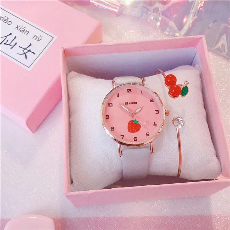 Детские часы в комплекте милые модели с браслетом из вишни повседневные