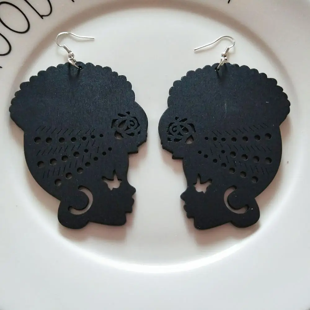 Tribal Wood Black Women Pattern DIY Painting Afro Vintage Earrings Brincos Wooden Boho African Bohemia Jewelry Party Accessory