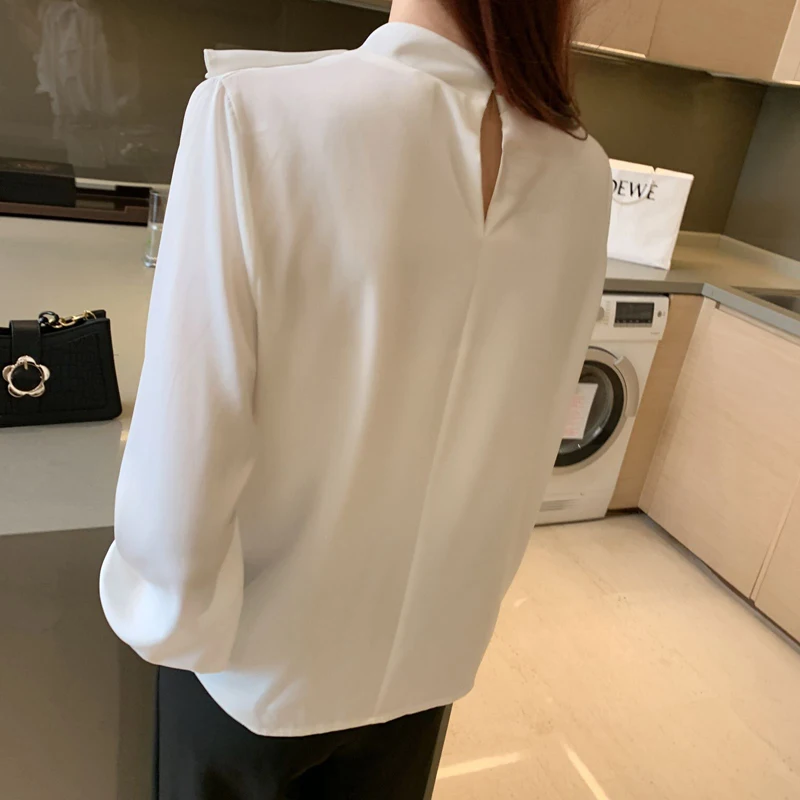 

Fashion Stand Collar White Satin Shirt Women Long Sleeve Top Female Ladies Temperament Work Blouse Chiffon Ruffles Sweet Blouses