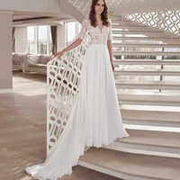 elegant v neck wedding dress half sleeve botton lace appliques chiffon brush train backless robe de mari%c3%a9e bride gown hot sale