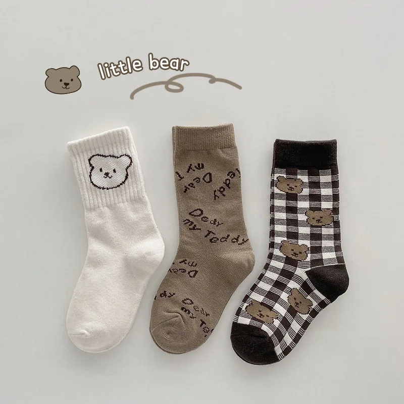 MILANCEL-Calcetines de algod&oacute;n con estampado de oso para ni&ntilde;o y ni&ntilde;a, calcet&iacute;n infantil, lote de 3 pares-5