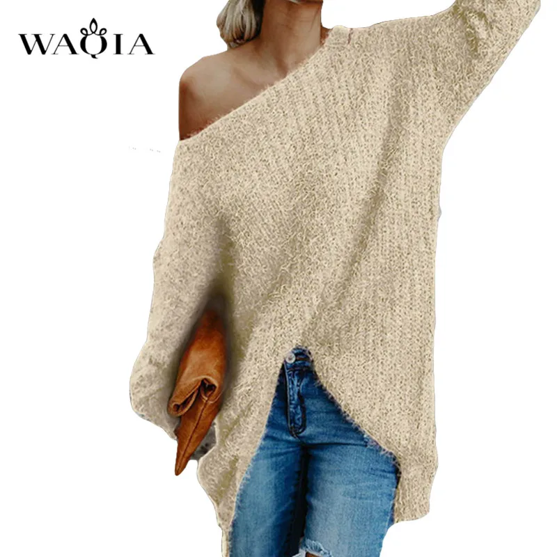 Женский вязаный пуловер с открытыми плечами Осенний свитер длинным рукавом 2019